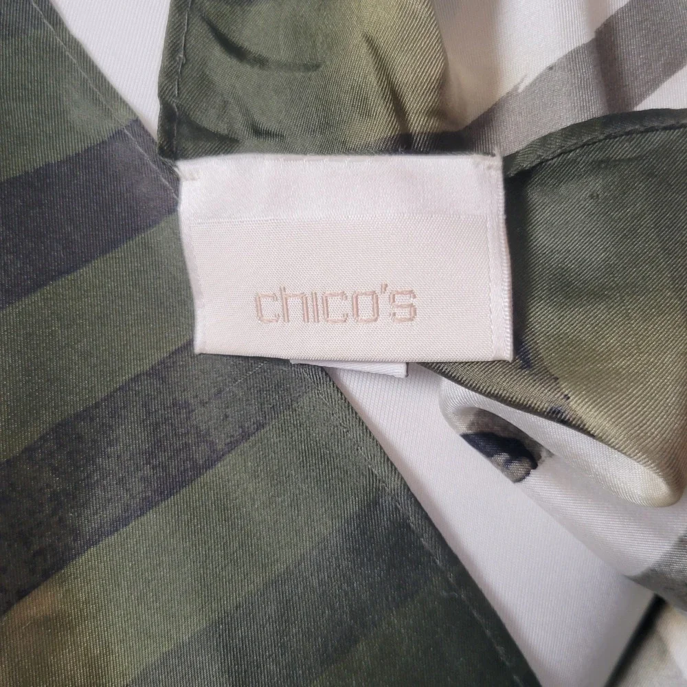 Chicos Silk Scarf Olive Green Modernist Stripe Long Rectangle